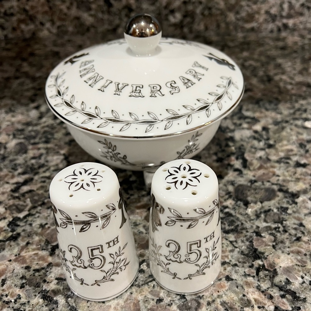 Vintage Lefton 25th Anniversary Salt & Pepper Shaker and Candy Dish